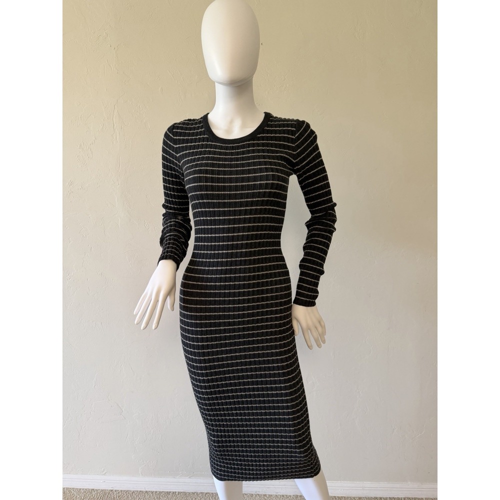 Splendid Striped Knit Sweater Dress Long Sleeve Midi Black Gray Size XS